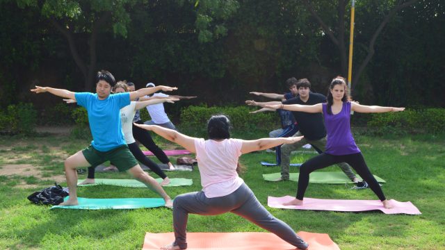 Group of 8 ILSC New Delhi Students practising Yoga with an instructor