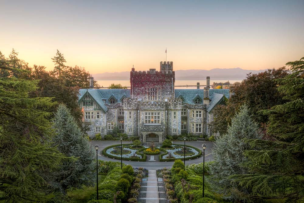 Royal Roads University, Hatley Castle photo, with the ocean in the background