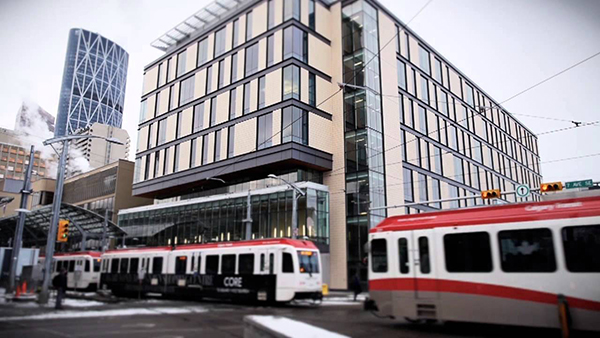 Train outside Bow Valley College South Campus in Calgary, Alberta.