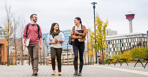 Students walking outside Bow Valley College on a fall day in Calgary, Alberta.