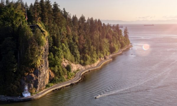 An aerial view of the Stanley Park Seawall in Vancouver, British Columbia, Canada.