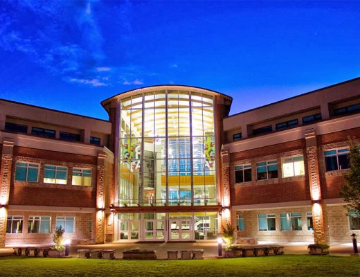 An outside evening view of Douglas College David Lam campus in Coquitlam, British Columbia.