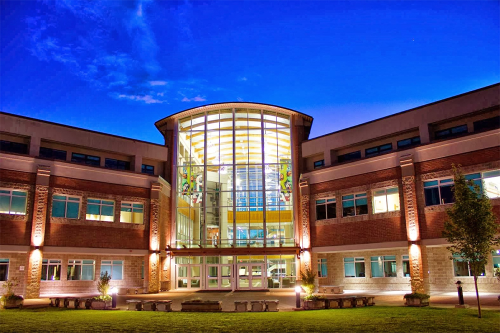 An outside evening view of Douglas College David Lam campus in Coquitlam, British Columbia.