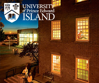 An exterior view of the main building on the campus of the University of Prince Edward Island  in the nighttime.