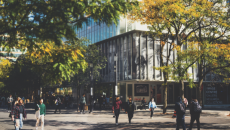 Students walking outside on the campus of Toronto Metropolitan University, located in Toronto, Ontario, Canada.