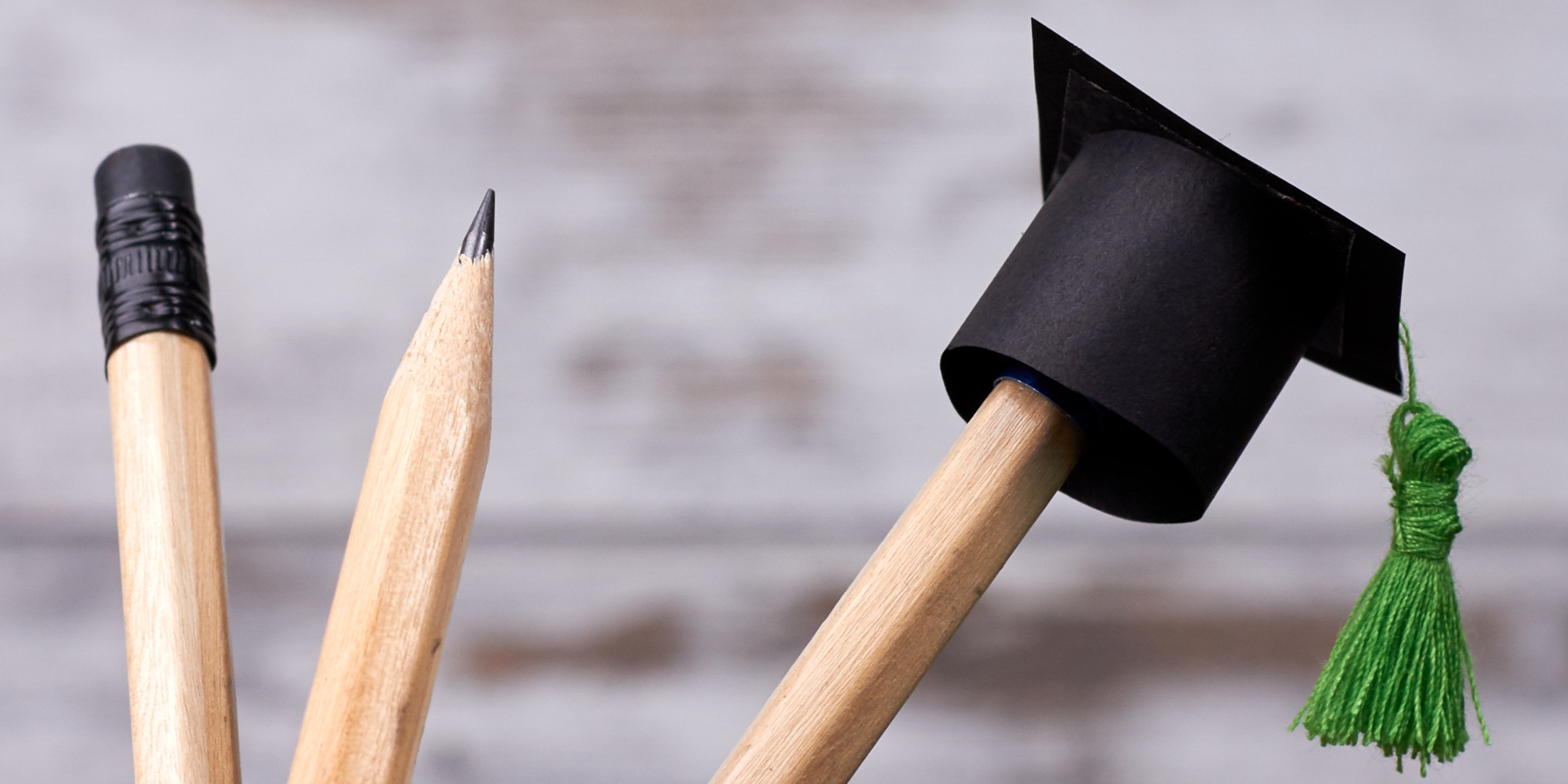 Three pencils in a pencil holder with a tiny graduate hat on one of the pencils.