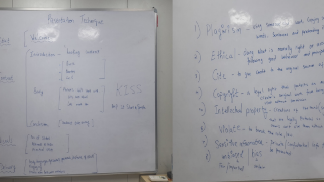 Whiteboard displaying presentation techniques, including structure, visuals, and key ethical concepts like plagiarism and copyright.